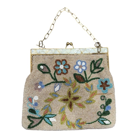 Aimee Capobianco Handbags - Aimee Capobianco Floral Beaded Suede Evening Bag Mother of Pearl Gingham Lining